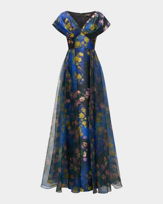 Nadia Floral-Print Empire Gown